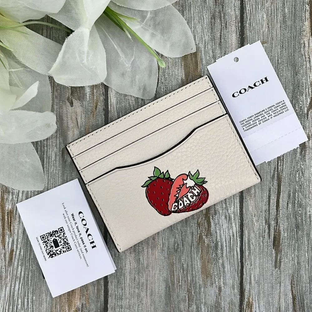 Coach Slim Id Card Case With Strawberry Graphic Wallet Bag Purse